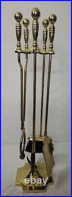 Vintage Solid Brass Fireplace Tool Set 4 Piece + Stand
