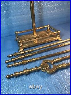 Vintage Solid Brass Fireplace Tool Set 4 Piece + Stand Mid Century Modern