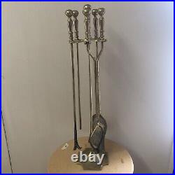 Vintage Solid Brass Fireplace Tool Set 4 Piece + Stand Missing Broom Head