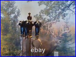 Vintage Solid Brass Fireplace Tool Set Black Dog Heads Handles England RARE Hvy