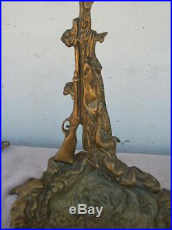 Vintage Solid Brass Fireplace Tool Set Hunting Dog Gun Poker/Spade/Tongs NICE