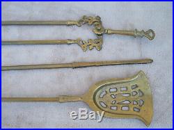 Vintage Solid Brass Fireplace Tool Set Hunting Dog Gun Poker/Spade/Tongs NICE