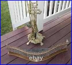 Vintage Solid Brass Fireplace Tools Decorative Crafts Hunting Set 4 Pcs + Fender