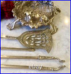 Vintage Solid Brass Fireplace Tools RARE Decorative Crafts Hunting Set 4 Pcs