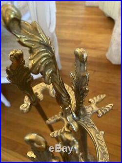 Vintage Solid Brass Fireplace Tools Set 4 Piece W Stand French Decor Fluer