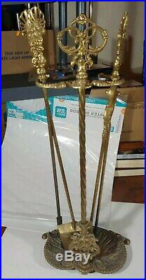 Vintage Solid Brass Fireplace Tools Set Poker Spade Tongs Stand