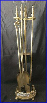 Vintage Solid Brass Fireplace Tools withStand Claw Feet 5 Pc Set EUC