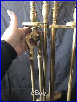 Vintage Solid Brass Fireplace Tools withStand Claw Feet 5 Pc Set EUC