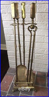 Vintage Solid Brass Footed Fireplace Poker Tools Set Stand 3 Piece