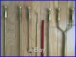 Vintage Solid Brass Heavy Fireplace Set 7 Piece Tools & Stand Contemporary