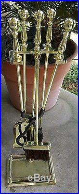 Vintage Solid Brass, Lacquered 5 Piece Fireplace Set/ 1 Poker, 3 Tools, & Stand