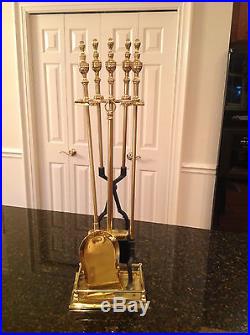 Vintage Solid Brass, Lacquered 5 Piece Fireplace Set 1 Poker 3 Tools with Stand