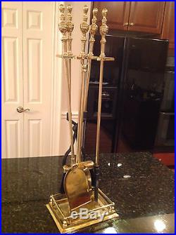 Vintage Solid Brass, Lacquered 5 Piece Fireplace Set 1 Poker 3 Tools with Stand