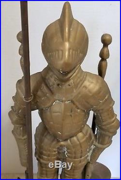 Vintage Solid Brass Middle Ages Knight Fireplace Tool Set Heavy 18 lbs Tall 29