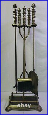 Vintage Solid Brass/Silver Tone Fireplace Tool Set 4 Piece + Stand