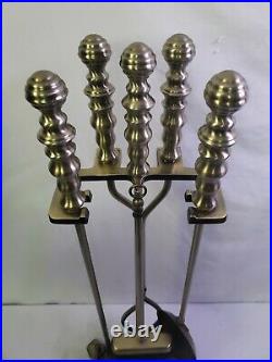 Vintage Solid Brass/Silver Tone Fireplace Tool Set 4 Piece + Stand