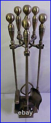 Vintage Solid Brass Tone Fireplace Tool Set 4 Piece + Stand