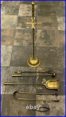 Vintage TALL Brass Fireside Companion Set Fire Tools & Stand. 85cm HeavyREAD