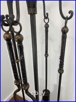 Vintage Tall Black/Copper Wrapped Handle Metal 5 Piece (4 x tools) Fireplace Set