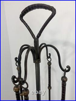 Vintage Tall Black/Copper Wrapped Handle Metal 5 Piece (4 x tools) Fireplace Set
