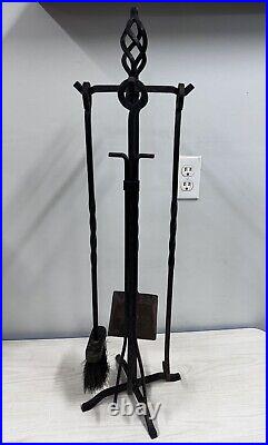 Vintage Unique Cast Iron Fireplace Tool Set-4 Tools With Stand