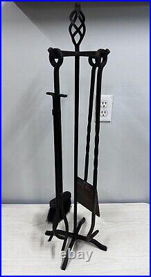 Vintage Unique Cast Iron Fireplace Tool Set-4 Tools With Stand