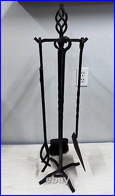 Vintage Unique Cast Iron Fireplace Tool Set-4 Tools With Stand