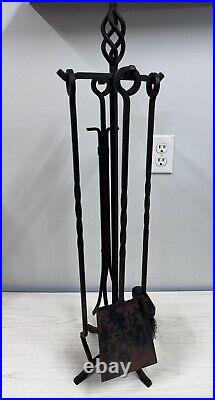 Vintage Unique Cast Iron Fireplace Tool Set-4 Tools With Stand