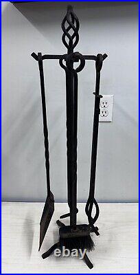 Vintage Unique Cast Iron Fireplace Tool Set-4 Tools With Stand