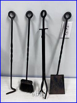 Vintage Unique Cast Iron Fireplace Tool Set-4 Tools With Stand