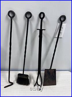 Vintage Unique Cast Iron Fireplace Tool Set-4 Tools With Stand