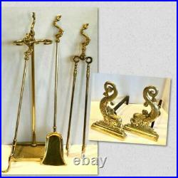 Vintage Virginia Metalcrafters Brass Fish Andirons AND Tool Set RARE Dolphins