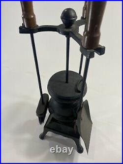 Vintage Wood Stove Fire Place Poker Tool Set Cast Iron 3 Piece Black Wood Handle