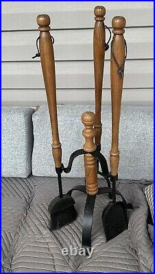 Vintage Wood and Black Iron Metal Fireplace Set Tool Set MCM Gothic