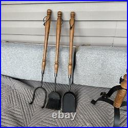 Vintage Wood and Black Iron Metal Fireplace Set Tool Set MCM Gothic