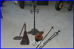 Vintage Wrought & Cast Iron Fireplace Tool Set with bellows and broom