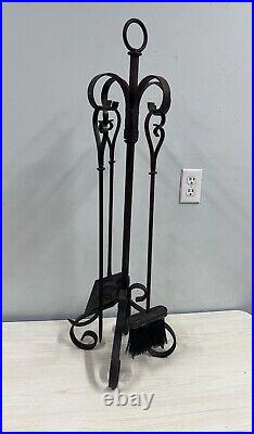 Vintage Wrought Iron 3 Piece Fireplace Tool Set WithStand Oil Rubbed Bronze Finish
