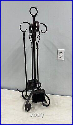 Vintage Wrought Iron 3 Piece Fireplace Tool Set WithStand Oil Rubbed Bronze Finish