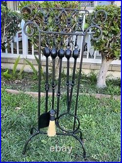 Vintage Wrought Iron 4 Pcs Fireplace Tools With Stand