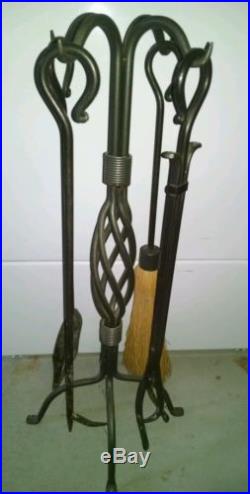 Vintage Wrought Iron 5 Piece Fireplace Set Straw Broom Twist Base Tools EUC