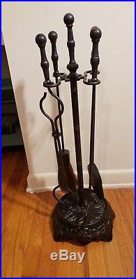 Vintage Wrought Iron 5 Piece Fireplace Tools Ornate Stand