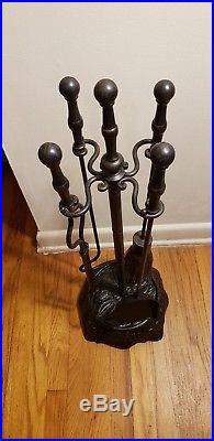Vintage Wrought Iron 5 Piece Fireplace Tools Ornate Stand