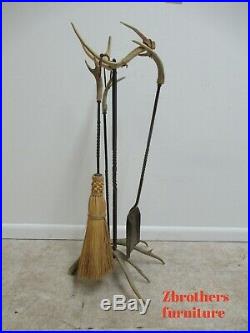 Vintage Wrought Iron Deer Antlers Horns Fireplace Tool Set