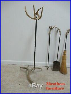 Vintage Wrought Iron Deer Antlers Horns Fireplace Tool Set