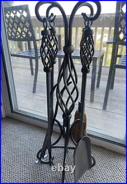 Vintage Wrought Iron Fireplace Tool Set 5 pieces Broom Shovel Poker Lifter