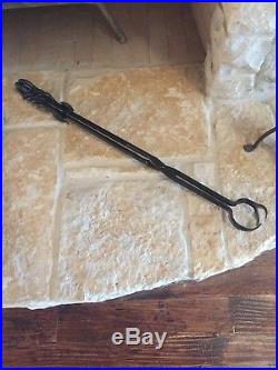 Vintage Wrought Iron Fireplace Tools Hand Forged 5 Piece Set Spiral Leaf Design