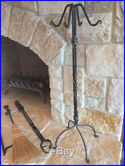 Vintage Wrought Iron Fireplace Tools Hand Forged 5 Piece Set Spiral Leaf Design