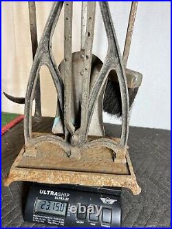 Vintage Wrought Iron Fireplace Tools and stand 5 Piece Set Very Heavy Poker
