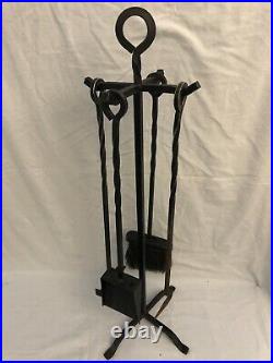 Vintage Wrought Iron Twisted 5 pc Fireplace Tool Set EC