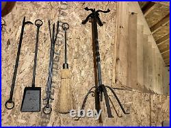 Vintage black wrought iron fireplace tool set lot 5 pieces heavy Lehmans